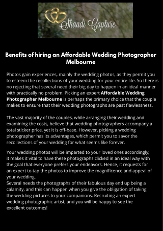 Benifit of hiring an affordable wedding photographer melborn