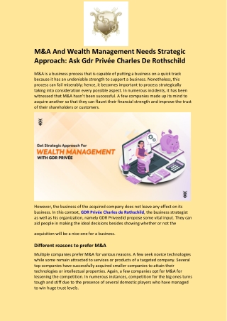 M&A And Wealth Management Needs Strategic Approach