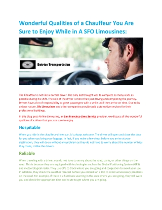 Wonderful Qualities of a Chauffeur You Are Sure to Enjoy While in A SFO Limousines