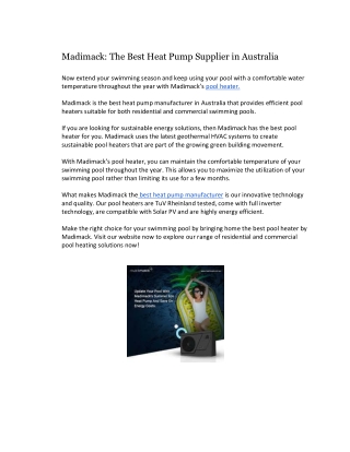 Madimack: The Best Heat Pump Supplier in Australia