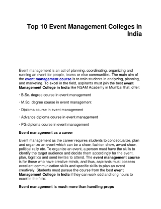 Top 10 Event Management Colleges in India