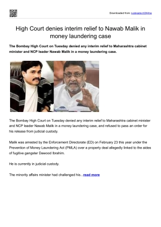 High Court denies interim relief to Nawab Malik in money laundering case