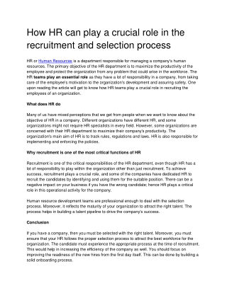 How HR can play a crucial role in the recruitment and selection process