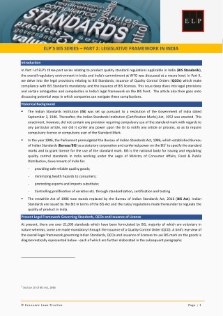 ELP’s BIS Series – Part 2 Legislative Framework In India