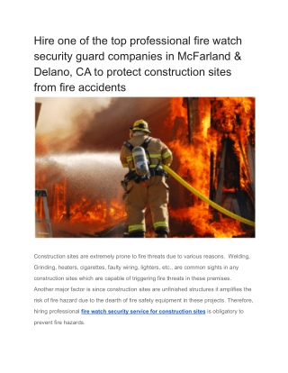 Hire one of the top professional fire watch security guard companies in McFarland & Delano, CA to protect construction s