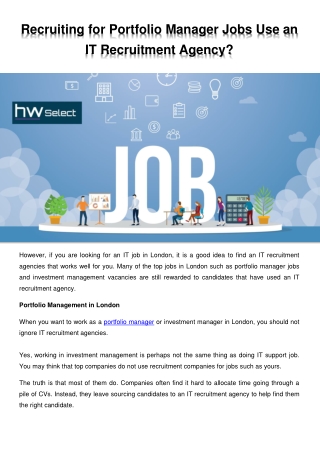 Recruiting for Portfolio Manager Jobs Use an  IT Recruitment Agency?