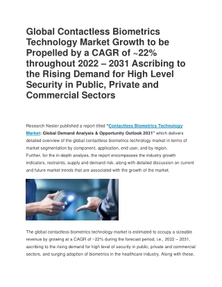 Global Contactless Biometrics Technology Market Recent Trends & Share By 2031