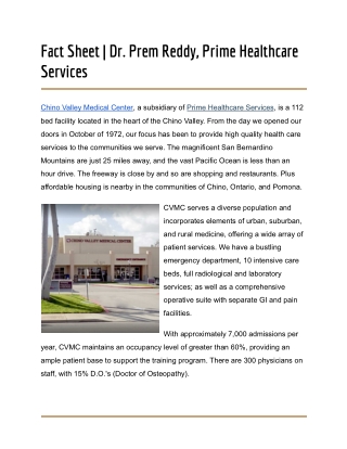 Fact Sheet _ Dr. Prem Reddy, Prime Healthcare Services