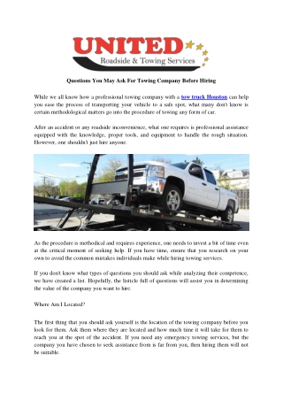 Questions You May Ask For Towing Company Before Hiring