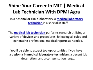 Shine Your Career In MLT - Medical Lab Technician With DPMI Agra