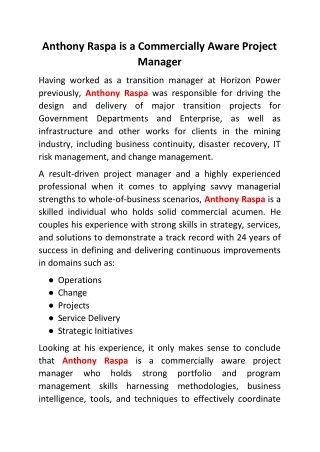 Anthony Raspa is a Commercially Aware Project Manager