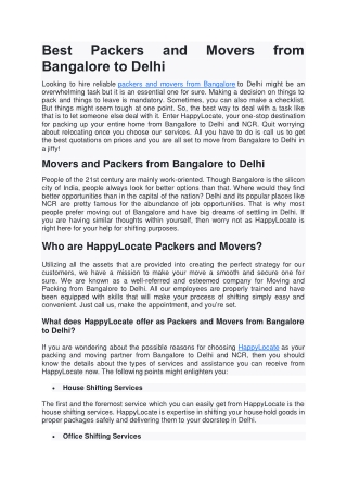 Best Packers and Movers from Bangalore to Delhi