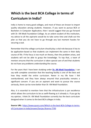 Which is the best BCA College in terms of Curriculum in India?