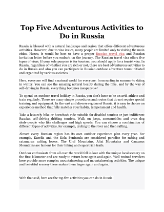 Top Five Adventurous Activities to Do in Russia