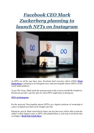 Facebook CEO Mark Zuckerberg planning to launch NFTs on Instagram