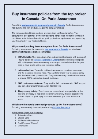 Buy insurance policies from the top broker in Canada- On Parle Assurance