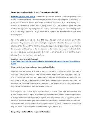 Europe Diagnostic Tests Market, Trends, Forecast Analysis by 2027