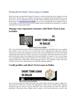 Protocols for Short Term Loans in Dallas