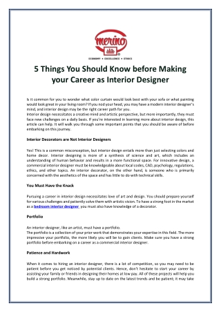 5 Things You Should Know before Making your Career as Interior Designer