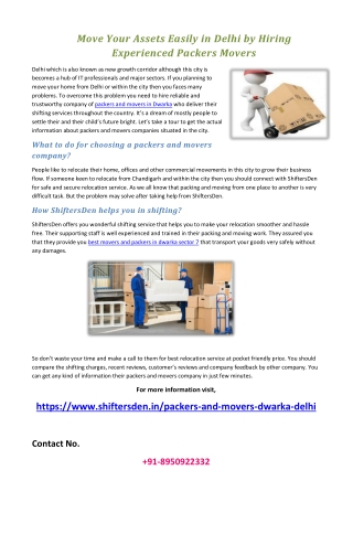 Move Your Assets Easily in Delhi by Hiring Experienced Packers Movers