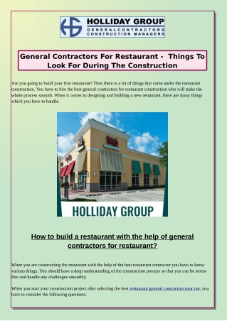 General Contractors For Restaurant -  Things To Look For During The Construction