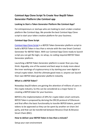 Cointool App Clone Script To Create Your Bep20 Token Generator Platform