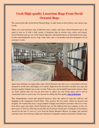 Grab High-quality Luxurious Rugs From David Oriental Rugs
