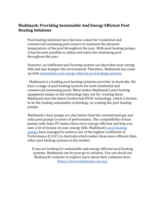 Madimack: Providing Sustainable And Energy Efficient Pool Heating Solutions