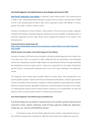Asia-Pacific Diagnostic Tests Market Revenue, Gross Margin and Forecast to 2027