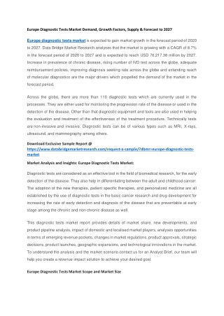 Europe Diagnostic Tests Market Demand, Growth Factors, Supply & Forecast to 2027