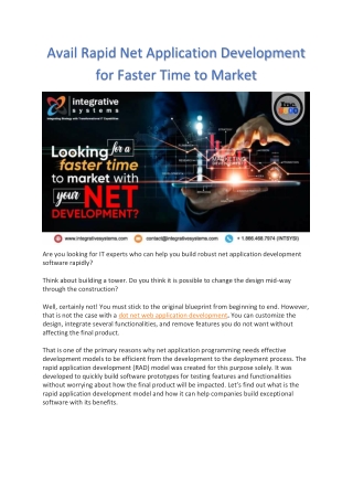 Avail Rapid Net Application Development for Faster Time to Market