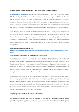 Europe Diagnostic Tests Market Supply, Latest Rising Trend & Forecast to 2027