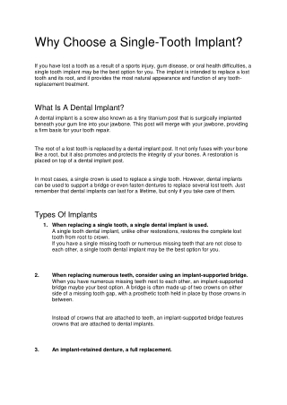 Reasons to Choose a Single Tooth Implant