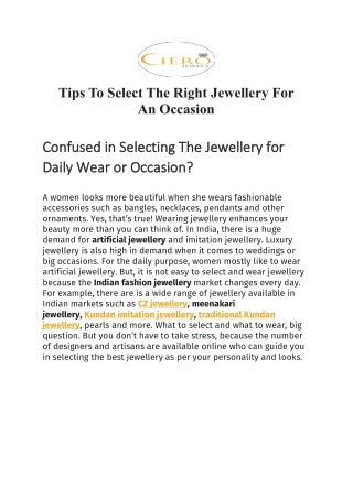 Tips To Select The Right Jewellery For An