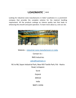 Industrial Crane Manufacturers In India  Loadmate.in