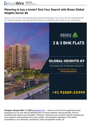 Breez Global Heights 89 Gurgaon @ 9250933999