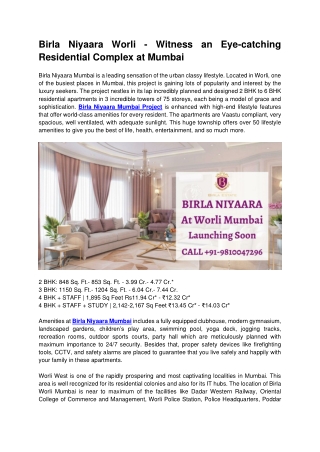 Birla Niyaara Worli - Witness an Eye-catching Residential Complex at Mumbai