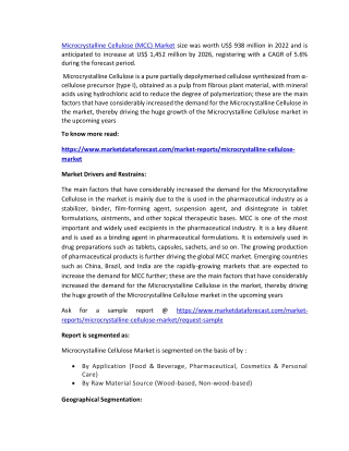 Microcrystalline Cellulose Market 2022-2027