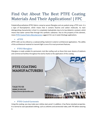 Find Out About The Best PTFE Coating Materials And Their Applications!
