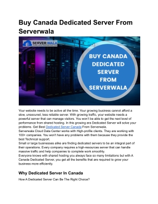 Buy Canada Dedicated Server From Serverwala