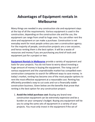 Advantages of Equipment rentals in Melbourne