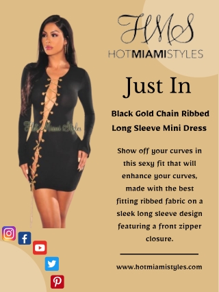 Black Gold Chain Ribbed Long Sleeve Mini Dress | Hot Miami Styles