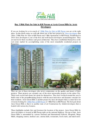 Buy 3 Bhk Flats for Sale in KR Puram at Arsis Green Hills by Arsis Developers