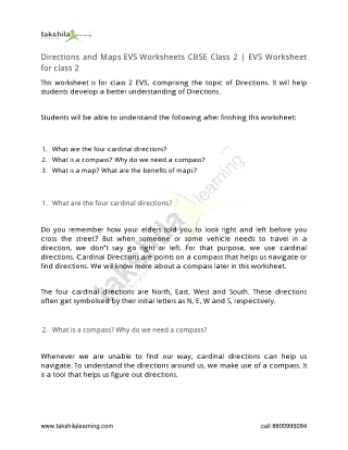 Directions and Maps EVS Worksheets CBSE Class 2 - EVS Worksheet for class 2