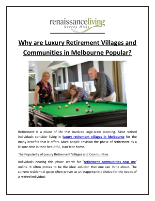 Why are Luxury Retirement Villages and Communities in Melbourne Popular