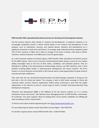 EPM Scientific Offers Specialised Recruitment Services for the Research & Development Industry