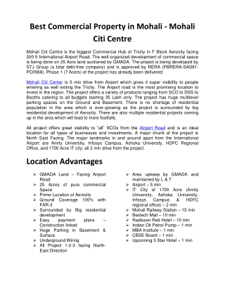 Best Commercial Property in Mohali - Mohali Citi Centre