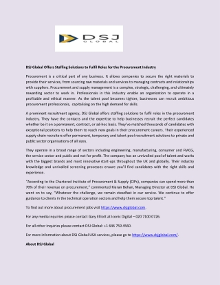 DSJ Global Offers Staffing Solutions to Fulfil Roles for the Procurement Industry