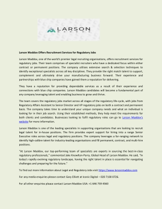 Larson Maddox Offers Recruitment Services for Regulatory Jobs