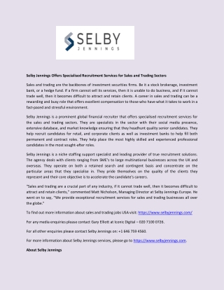 Selby Jennings Offers Specialised Recruitment Services for Sales and Trading Sectors